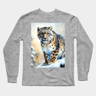 A Proud Snow Leopard Went Hunting, in the Snowy forest, Hight Mountains, Snow Falling, Winter Landscape, Wildlife White Pantera, Watercolor Realistic Illustration, Art, Portrait, Poster, Shirt, Christmas Long Sleeve T-Shirt